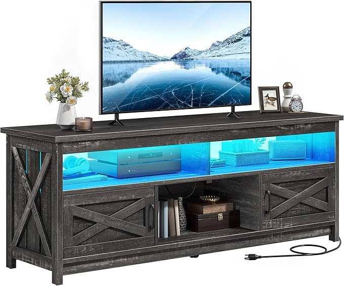 YITAHOME Farmhouse TV Stand for 65/75 Inch TV LED Entertainment Center Television Stand with Power Outlets and Open Shelf, Media Console TV Cabinet for Living Room, Dark Grey