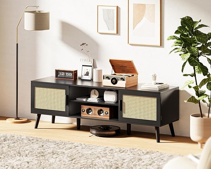 SUPERJARE TV Stand for 65 Inch TV, Entertainment Center with Adjustable Shelf, Rattan TV Console with 2 Cabinets, Media Console, Solid Wood Feet, 4 Cord Holes, for Living Room, Black-8750B