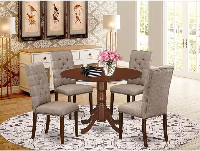 East West Furniture DLEL5-MAH-16 5 Piece Dining Room Furniture Set Includes a Round Dining Table with Dropleaf and 4 Dark Khaki Linen Fabric Parsons Chairs, 42x42 Inch, Mahogany