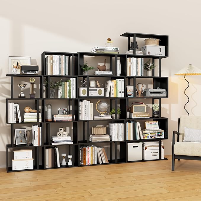 Gadroad 5-Tier Bookshelf, Tall S-Shaped Geometric Bookcase, Wood and Metal Decorative Storage Shelving, Modern Freestanding Display Shelves, Book Shelf Unit for Living Room Bedroom Home Office, Black