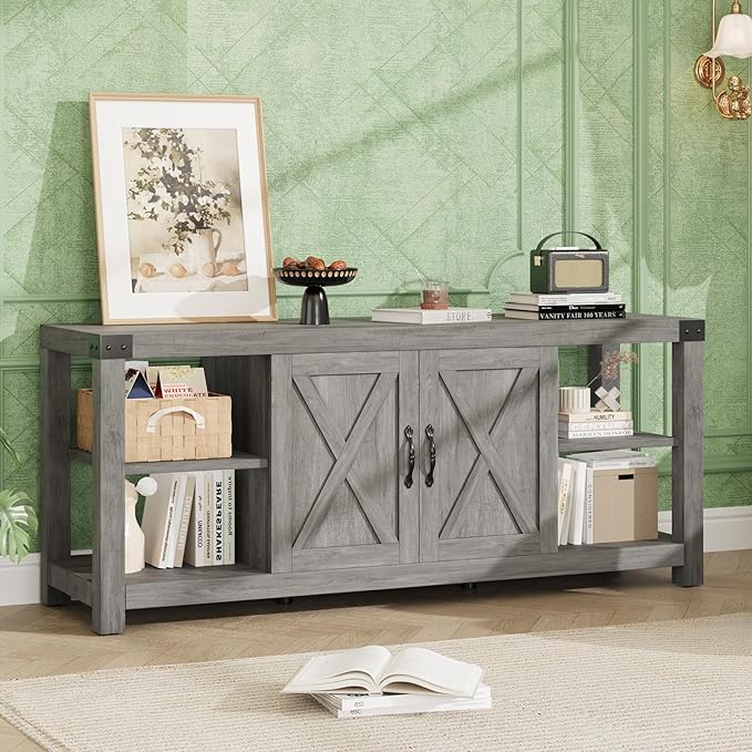 IDEALHOUSE TV Stand for 65 Inch TV, 60 Inch Entertainment Center with Storage, Farmhouse TV Console Table with Shelves,Doors, Modern TV Stand for Living Room, Bedroom - Grey