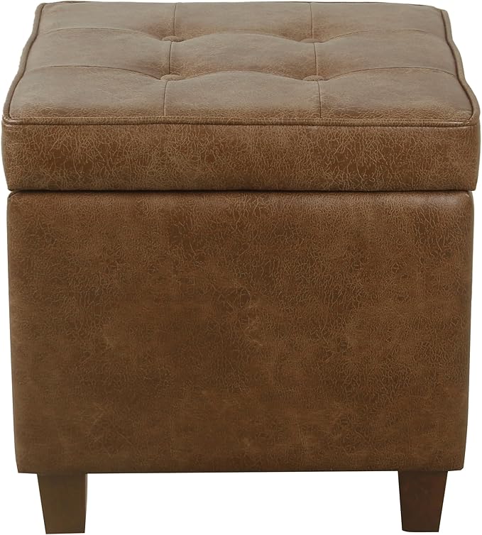HomePop Square Tufted Storage Ottoman - Distressed Brown Faux Leather Small