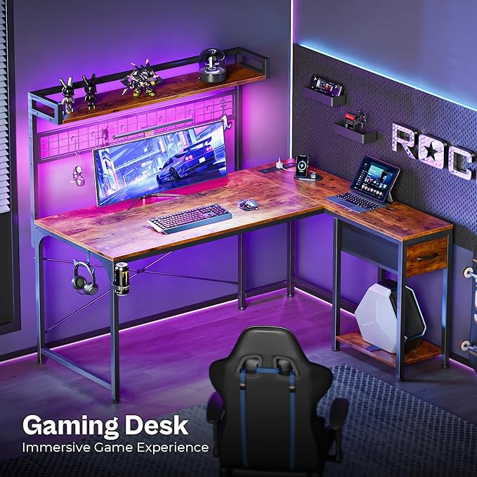 PRAISUN L Shaped Gaming Desk with Shelves, Corner Computer Table with LED Lights, Power Outlets and USB-C Ports, 50 Inch Reversible Home Office Desk with Storage Drawer, Work and Study, Rustic Brown