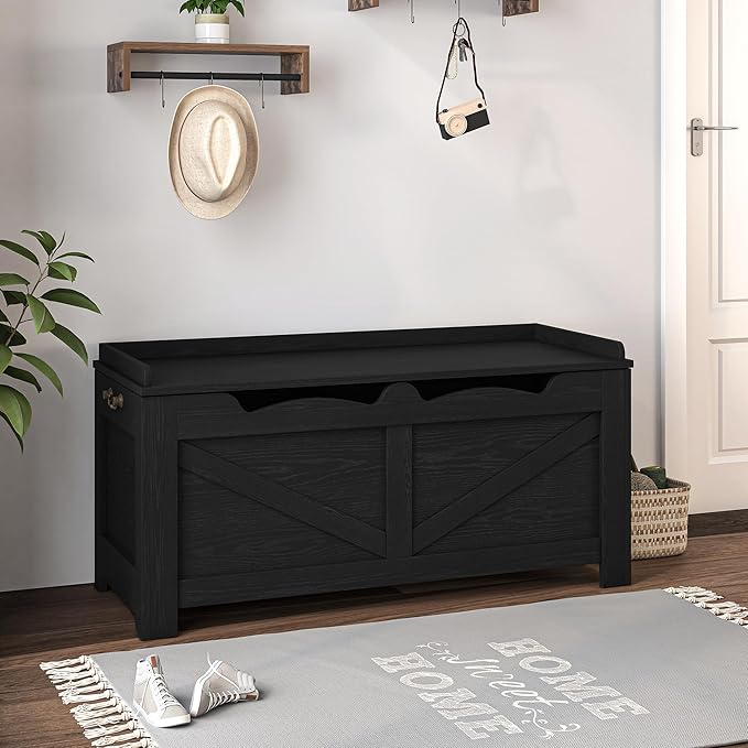 39.4" Storage Bench, Storage Chest, Lift-Top Storage Trunk with 2 Safety Hinges, Wooden Storage Box Chest Organizer for Bedroom, Entryway, Living Room, Black SB04504X