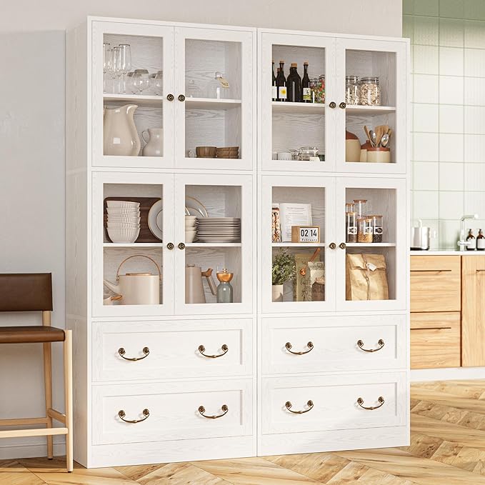 IRONCK Bookshelves and Bookcases, Bookshelf with 2 Drawers, 79.1" Inch Tall Bookshelf, 4 Tier Bookcase with Acrylic Doors, Large Storage Cabinet for Home Office, Living Room, Kitchen