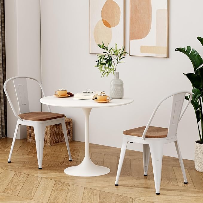 18 Inch Metal Dining Chairs,Arlunar Farmhouse Chairs Set of 4 White Dining Room Chairs Stackable with Back and Wooden Seat bar stools