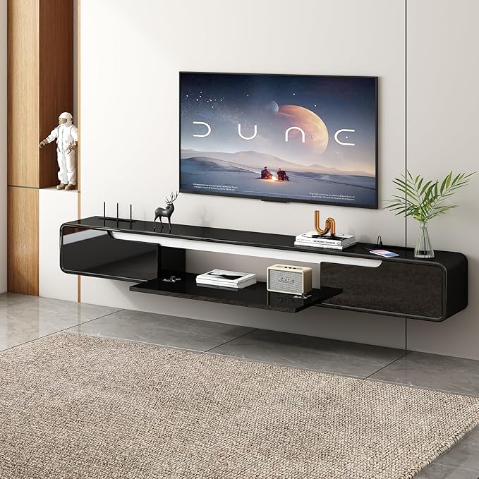 CENOVE High Gloss Floating TV Stand with 3 Doors,70.8'' Wall Mounted TV Cabinet,Under TV Console,Floating Media Shelft for Bedroom Living Room(Black
