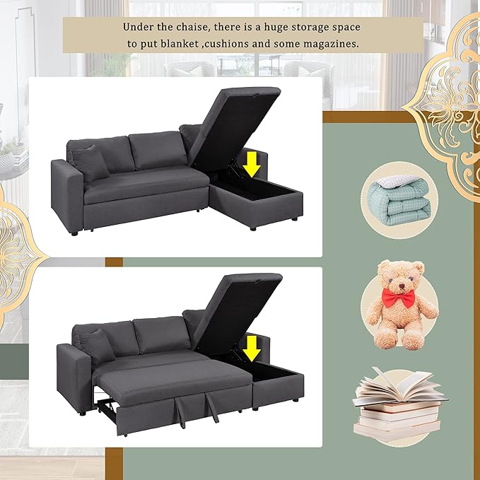 87.4 Inch L Shape Sleeper Sectional Sofa with Storage Chaise, Pull Out Bed and 2 Tossing Cushions, Upholstered Corner Couch for Living Room, Apartment, Home Furniture, Gray
