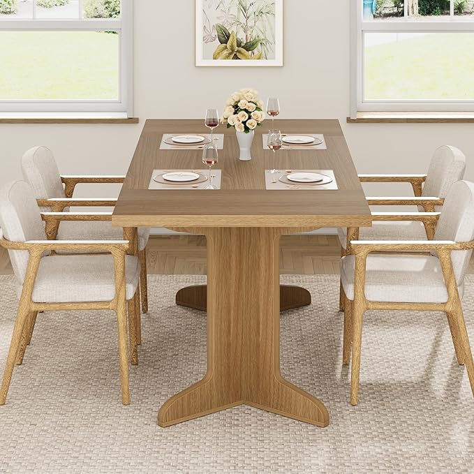 71" Large Dining Table for 6, Farmhouse Kitchen Table with Padded Top and Unique V-Shaped Feet, Rectangular Wooden Dining Table for 8 People for Home, Dining Room, Kitchen, Office,Natural