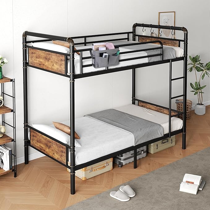 Metal Bunk Bed Twin Over Twin, Industrial Bunkbeds Heavy Duty Bed with Safety Guard Rails and Space-Saving Design, Steel Bed for School, Bedroom (Vintage Brown)