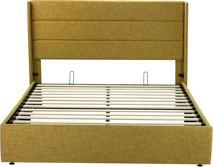 SHA CERLIN Full Size Lift Up Storage Bed/Modern Wingback Headboard/Upholstered Platform Bed Frame/Hydraulic Storage/No Box Spring Needed/Wood Slats Support/Olive Yellow