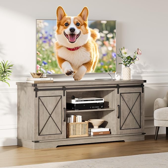 CABIHOME Farmhouse TV Stand and Entertainment Center for TV Up to 65 Inches with Sliding Barn Doors and Adjustable Shelf, TV Media Storage Console Table and Furniture for Living Room, Bedroom, Grey