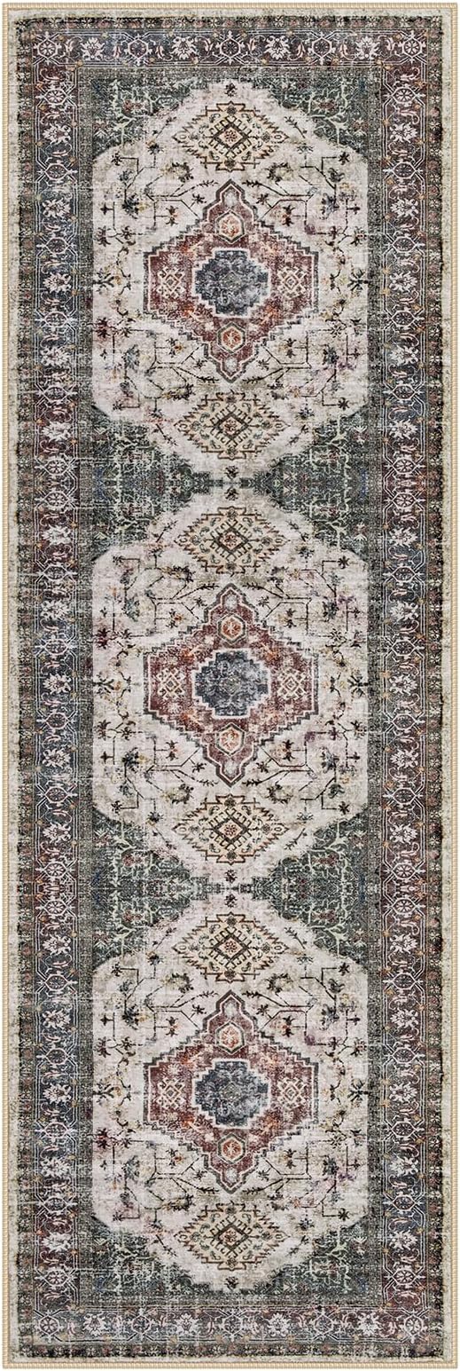 Lahome Oriental Hallway Runner Rug, 2.5x8 Kitchen Runner Non Slip Ultra-Thin, Soft Washable Hallway Rug Non Shedding Long Carpet for Entryway Laundry Room Bathroom, Brown/Grey