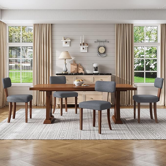 Mid Century Modern Dining Chairs Set of 4, Linen Upholstered Kitchen Chairs with Curved Backrest & Adjustable Legs for Living Room/Lounge, Easy to Install, Grey Linen