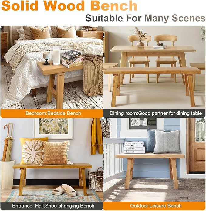 Farmhouse Solid Wood Bench: Long Rustic Indoor Narrow Wooden Bench for Entryway,Living Room, Dining Room,End of Bed,Hallway (31.5" Lx10 Wx18 H)