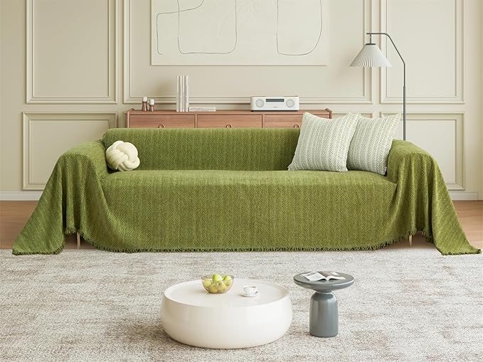 Nobildonna Sofa Cover Washable Soft Thicken Chenille Couch Cover with Tassel,Waterproof Sofa Slipcovers for 2 Cushion Couch,Loveseat,Futon Couch Furniture Protector Pet-Friendly,Yellow Green 71"x102"