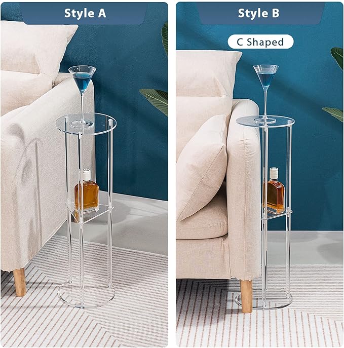 HMYHUM Acrylic Drink Table for Small Spaces, Martini Table for Living Room, Small Drink Side Table, 3 Tiers, Round, Modern, 8" L x 8" W x 26" H, Clear