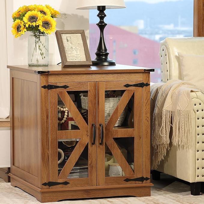Farmhouse End Table, 24" Large End Tables with Storage, Rustic Square Sofa Beside Table with Glass Barn Door, Wood Side Table Square Nightstand for Living Room, Bedroom, Office (Vintage Brown)