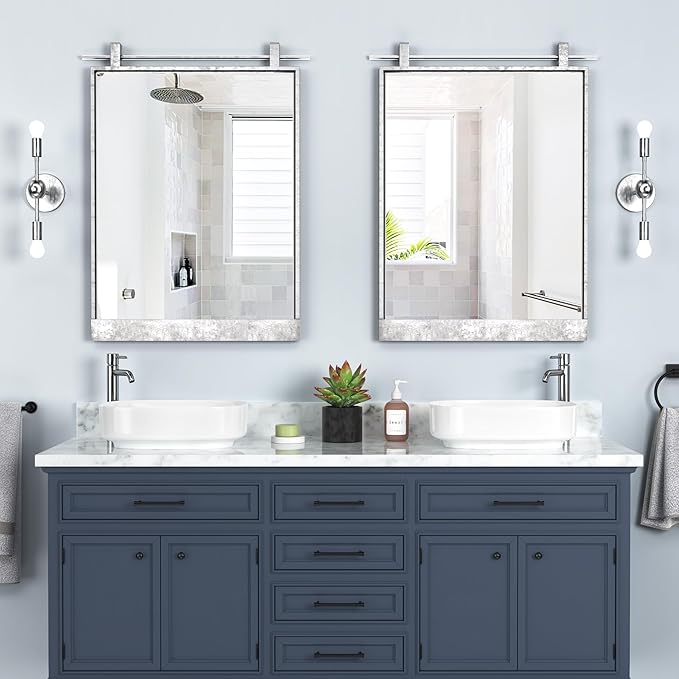 16x24 Inch Rectangle Bathroom Vanity Mirror for Wall Mounted Over Sink Farmhouse Rustic Frame Barn Door Mirrors Silver Foyer Entryway Decor