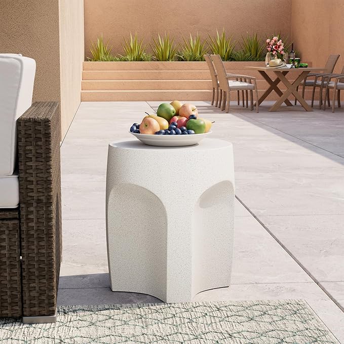 COSIEST Set of 2 Concrete Side Table Drum Shape, 2 Pieces Outdoor Side Table, Patio Accent Cement End Tables, Plant Stand Garden Decorative Stool, Spotted White