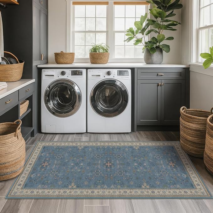 Boho 2x6 Non Slip Kitchen Rug Runner - Light Blue Washable Rug for Bathroom, Laundry Room, Hallway, Non Slip with Rubber Backing, Floral Eclectic Unique Runner Décor