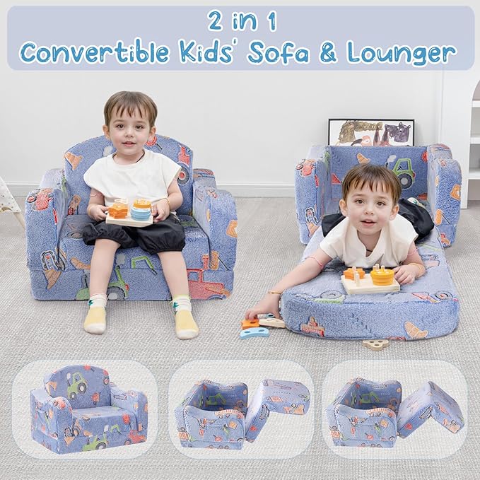 Comfy Toddler Chair and Couch for Kids with Blanket,2-in-1 Soft Plush Fold Out Toddler Couch for Girls and Boys,Convertible Sofa to Lounger for Playroom,Car Excavator