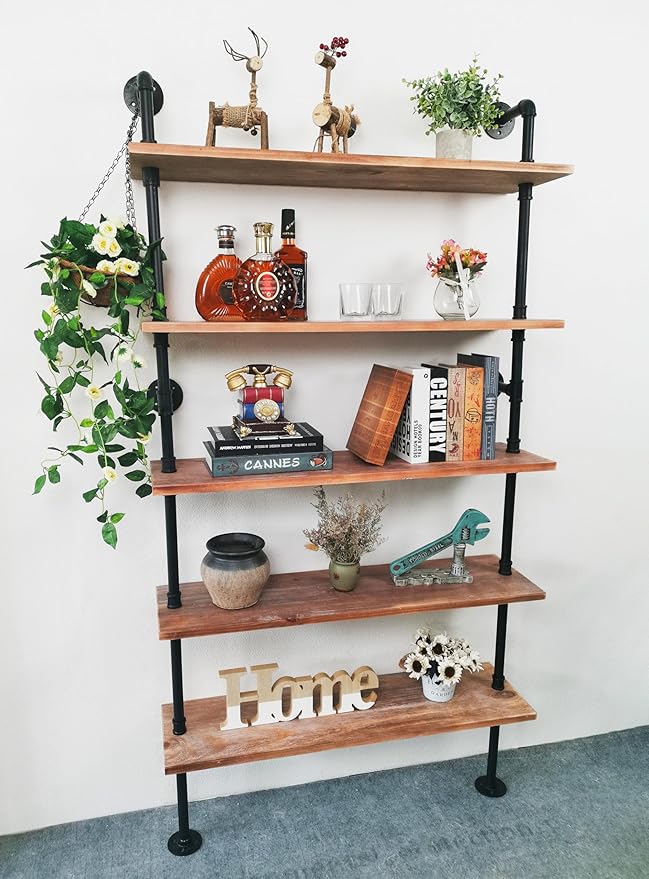 5 Tier Industrial Ladder Shelf Bookcase, Wall Mounted Wood Metal Pipe Rustic Bookshelf for Living Room (Weathered Brown, 10" D x 36" W x 70" H)