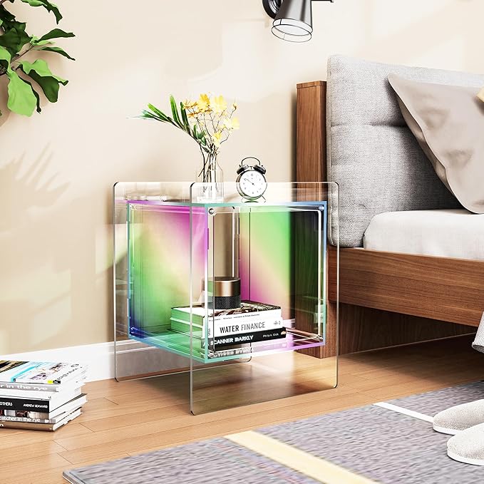 Acrylic Nightstand Colorful Bedside Table with Open Storage Shelf,Clear Side Table for Living Room (1, Iridescent)