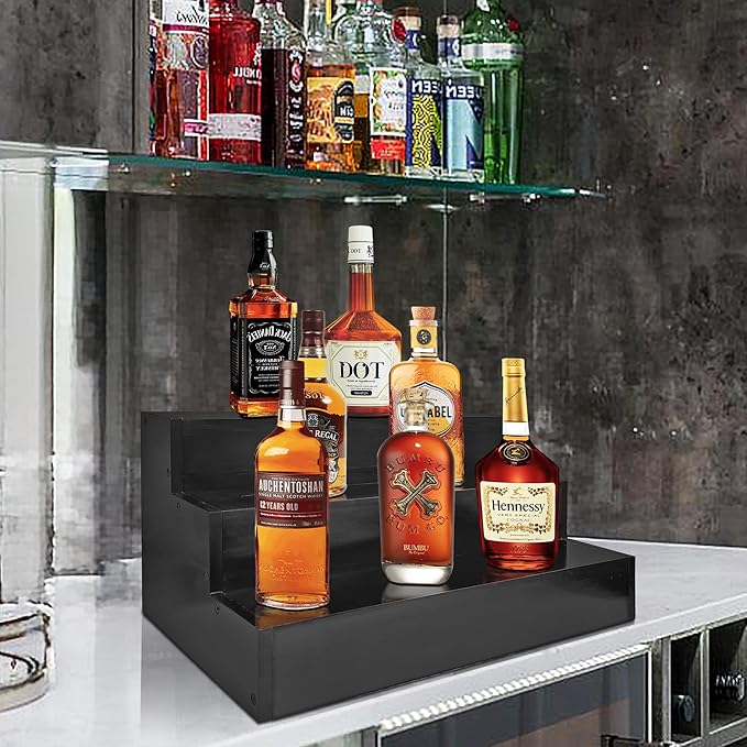 Royxen Wood Liquor Bottle Shelf 3 Tier Bar Shelf Freestanding Vintage Liquor Bar Stand for Home Bar Decor, 16" Black