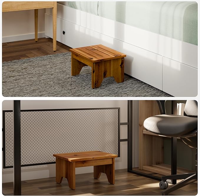 Holana 9" Acacia Wood One Step Stool for Adults - 300 Lbs Wooden Step Stools Heavy Duty for High Bed Riser, Bathroom, Bedroom - Small Stepping Stool for Elderly, Seniors, Kids, Handicap Use Indoor