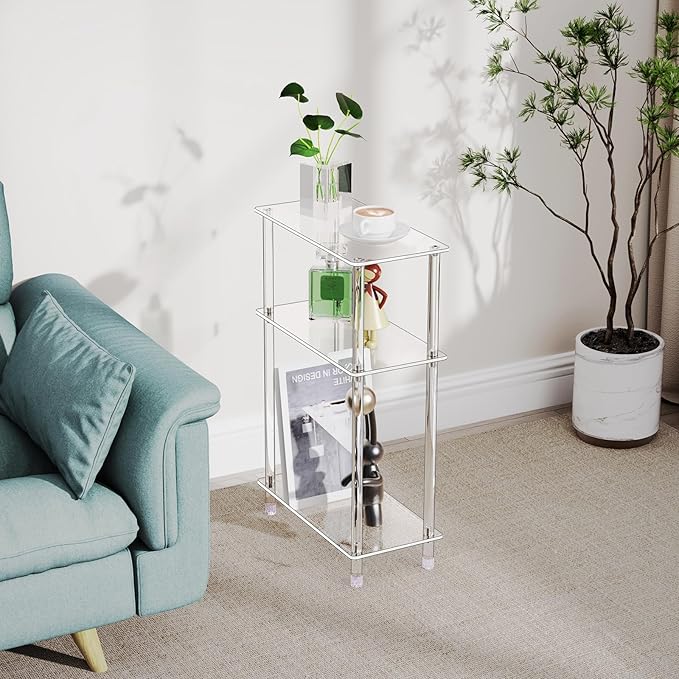 Clear Acrylic Narrow Side Table Set of 2 for Small Spaces, 15.75" L x 7.87" W x 24.6" H, 3 Tier Rectangle Slim End Table Nightstand, Small Bedside Table for Bedroom, Bathroom, Living Room