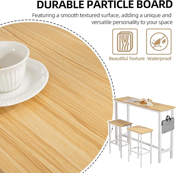 Finnhomy 52.7" Industrial Bar Table Set with 2 Stools - Counter Height Dining & Pub Table for Small Spaces, Kitchen, Apartment, Breakfast - Metal & Wood, Space-Saving Furniture - Oak Beige and White
