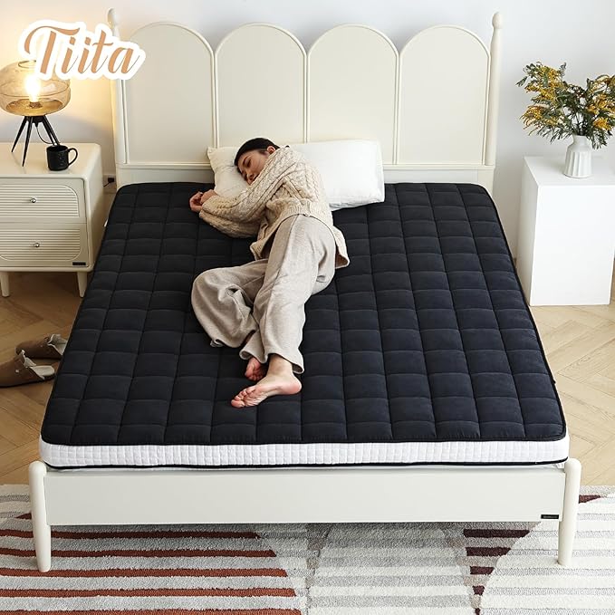 Tiita Japanese Floor Mattress, 4” Thicken Futon Mattress with Storage Bag and 2 Straps, Full Size Sleeping Tatami Mat for Adults,Black