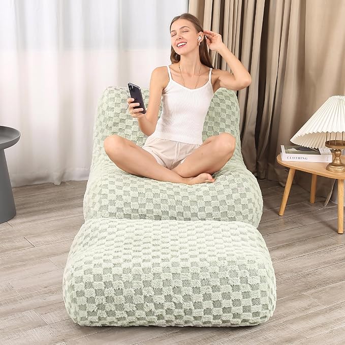 Bean Bag Chair with Footstool, Comfy Reading Sofa Chair for Adults, Modern Floor Sofa for Livingroom, Bedroom, Green