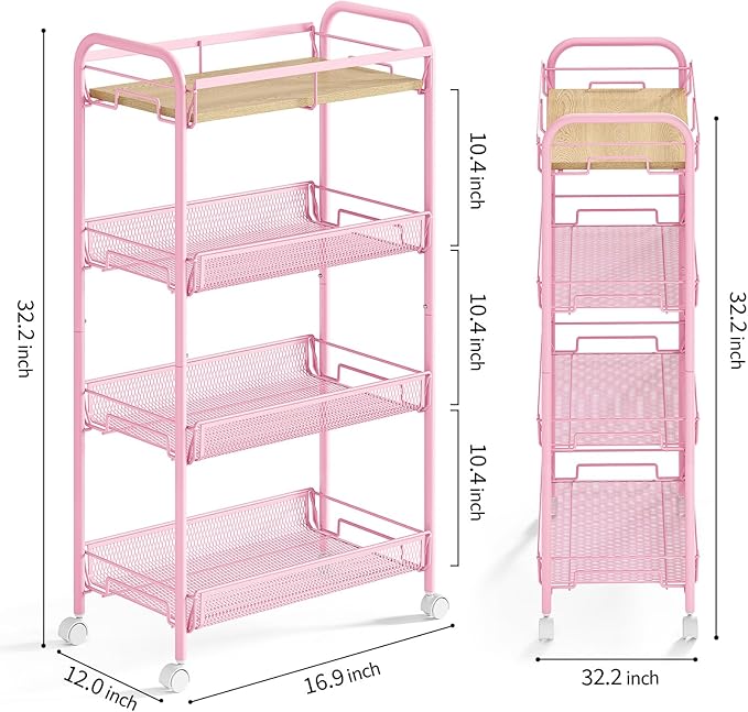 KINGRACK 4-Tier Wide Metal Rolling Storage Cart, Utility Cart with Wooden Tabletop for Laundry, Bathroom, Kitchen, Apartments, Dormitory (Pure Pink, Wide)
