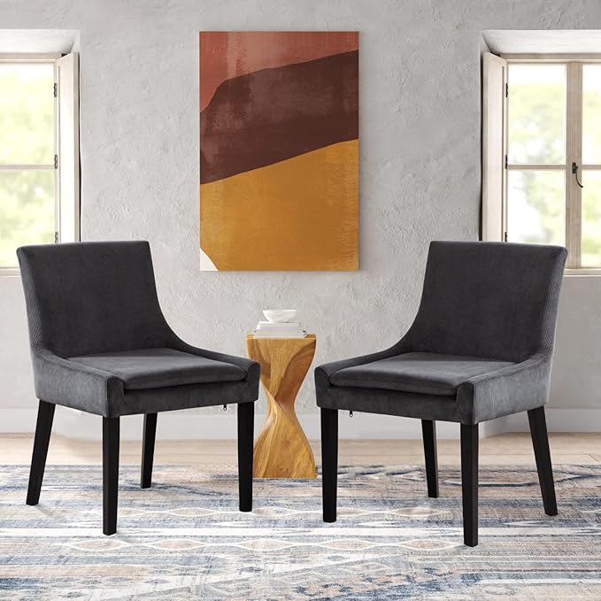 COLAMY Modern Dining Chairs Set of 6, Upholstered Corduroy Accent Side Leisure Chairs with Mid Back and Wood Legs for Living Room/Dining Room-Grey