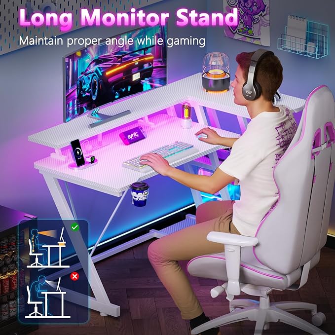 40 Inch Gaming Desk with Power Outlet & LED Lights, L Shaped Computer Gaming Table with 3 Tiers Storage Shelves, Corner Gamer Desk with Monitor Stand for Small Space, Carbon Fiber White