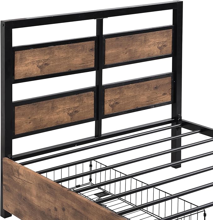 Twin Size Metal Platform Bed with MDF Headboard and Footboard,Two Storage Drawers and Rotatable TV Stand,Industrial Modern Bunk-Bed,No Box Spring Needed,for Juniors&Adults,Black