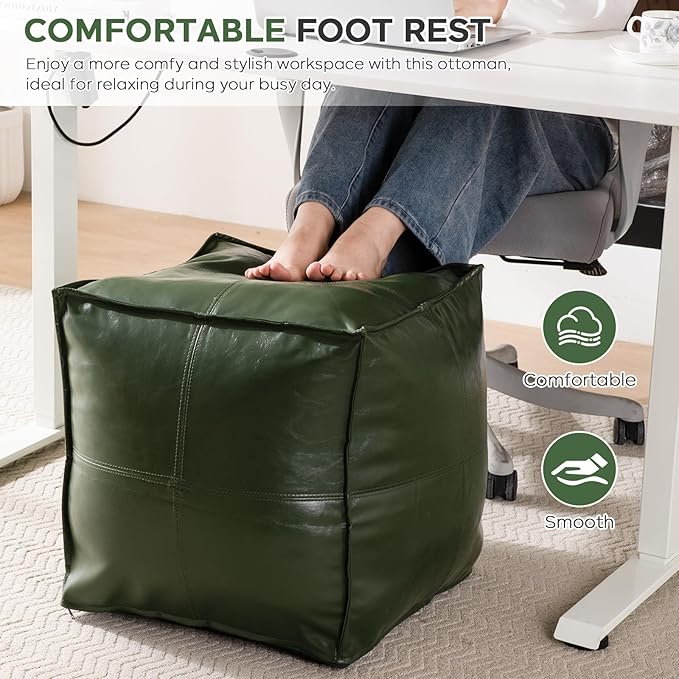 Unstuffed Pouf Cover (Only Cover, No Filler), 17.7" Faux Leather Poofy Ottoman Cover, Square Footstool For Storage Living Room Decoration Foot Rest, Footrest for Bedroom Balcony Office Chair, Green