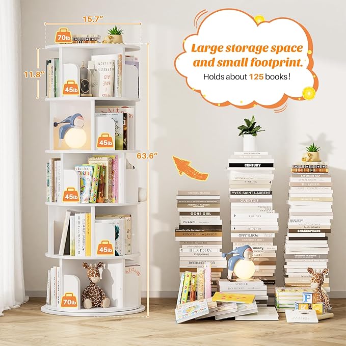 Aheaplus Rotating Bookshelf, 360 Display Wood Spinning Bookshelf Tower, 5 Tier Floor Standing Bookcase Storage Rack, Revolving Bookcase Corner Bookshelfs for Small Space, Bedroom, Study Room, White