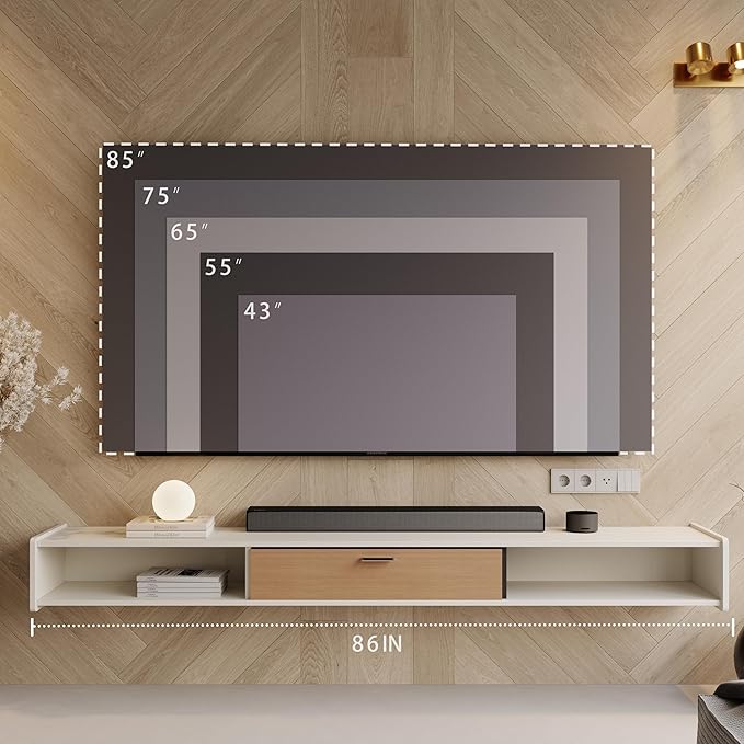 86'' Floating TV Stand,Wall Mounted TV Console,Floating TV Cabinet,Under TV Shelf for Bedroom Living Room(White)
