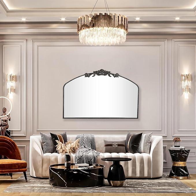 AIXI HOME Vintage Black Arched Mirror 36"X29", Antique Baroque Mantel Wall Mirror with Black Brush Gold Metal Ornate Frame for Entryway/Fireplace/Living Room/Hallway/Bathroom/Bedroom