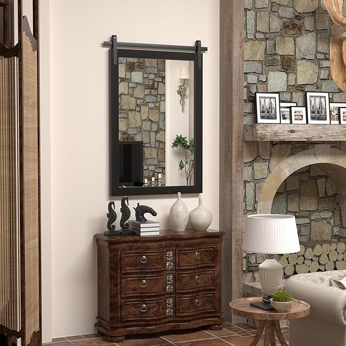 Black Farmhouse Mirror - 24x36INCH Wood Framed Square Bathroom Mirror for Vanity, Barn Door Style Wall Mounted Dresser Decor Living Room Bedroom Vertical