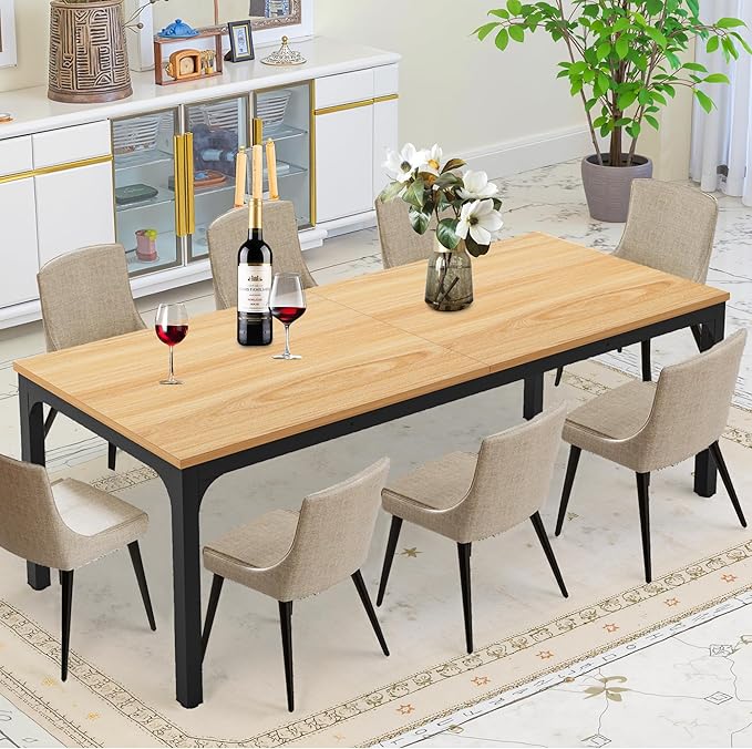 Rectangular Dining Table for 6-8, 78-Inch Modern Dinner Table Wooden Kitchen Tables with Metal Frame for Dining Room, Kitchen, Living Room, Light Walnut