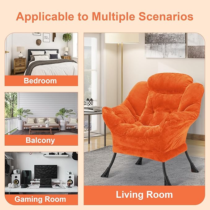 Fabric Lazy Chair for Adults, Oversized Upholstered Sofa Chair, Plush Comfy Lounge Chair with Large Side Storage Pocket, Thick Padded Reading Chair for Living Room, Bedroom, Office, Orange