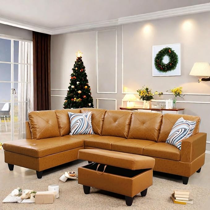 L Shaped Sectional Couch with Otttoman, 97" Leather Sectional Sofa for Living Room Modular Couches with Cup Holders for Bedroom, Apartments, Ginger