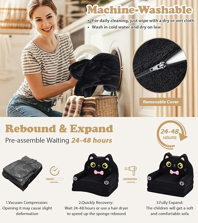 Kids Couch, 2-in-1 Soft Toddler Couch Fold Out with Blanket, Chair Comfy, Foldable Convertible Plush Sofa to Lounger, Gifts for Kids Girl Boys, Black Kitty