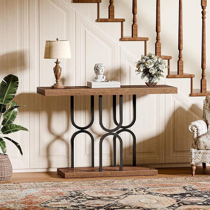 Huuger 47.2 Inch Entryway Table, Industrial Console Sofa Table, Narrow Accent Table, for Entry, Hallway, Entrance, Foyer, U-Shaped Metal Base, Rusitc Brown