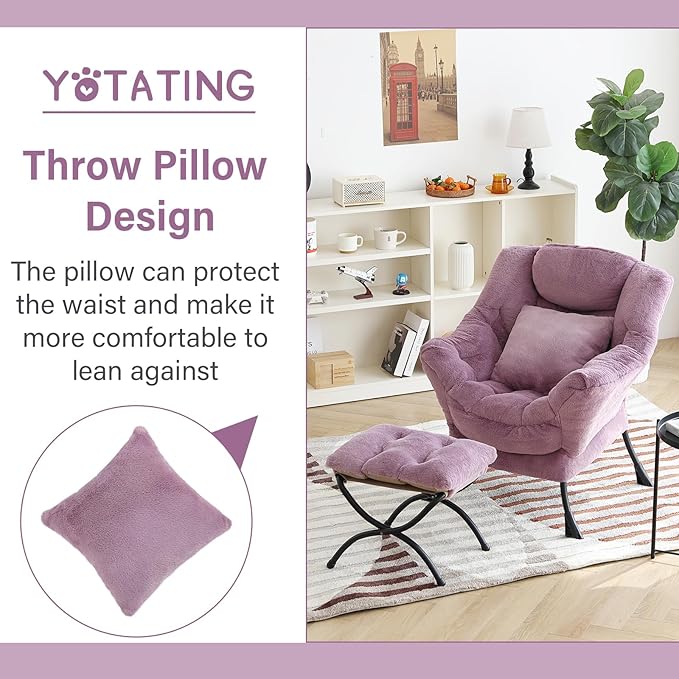 Lazy Chair with Ottoman, Comfy Reading Lounge Chair with Footstool & Throw Pillow Modern with Armrests & Side Pocket for Living Room, Bedroom, Dorm Room, Plush Purple