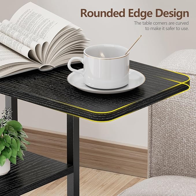 C Shaped End Table with Charging Station, Small Side Table for Couch Recliner, Slide Under Sofa Desk Snack Tables with Storage Bag & AC / USB Outlet, Small Spaces Drink Tables for Living Room, Bedroom